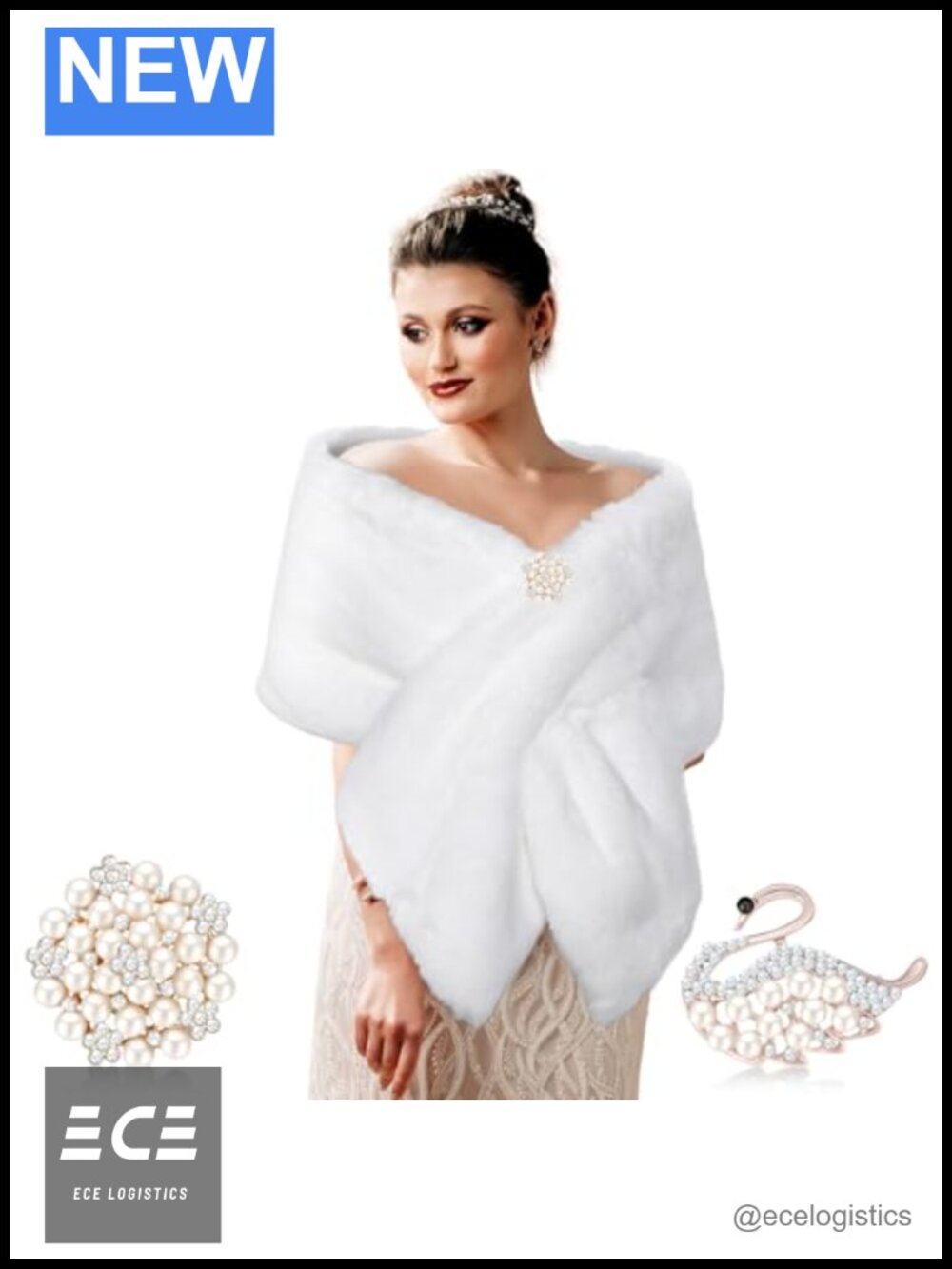 Faux Fur Shawl Wrap with 2 Rhinestone Brooches for Bridal Wedding